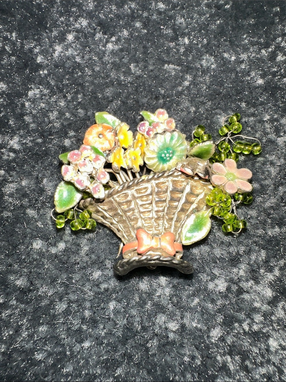 Rare Vintage Ruby Lane Gold Pltd Green Glass Bead & Enamel Floral Basket Brooch